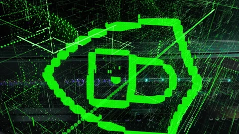 Animation of cyber padlock icon over green light trails and digital wave against Stock Footage 312944818