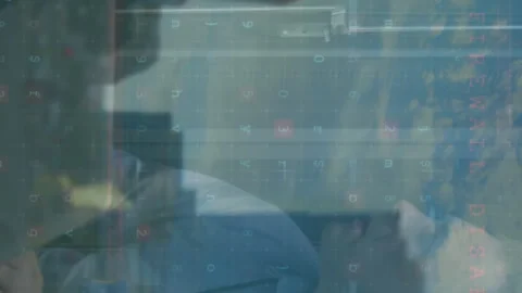 Animation of cyber security and caucasisn programmer over cityscape Stock-Footage 312354090