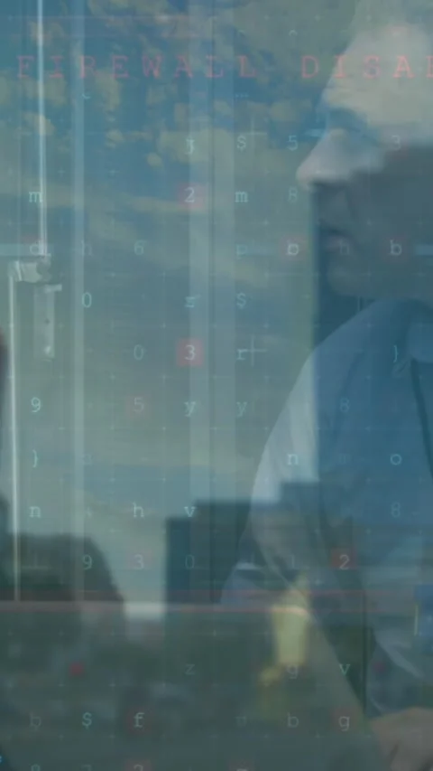 Animation of cyber security and caucasisn programmer over cityscape Stock Footage 322721266