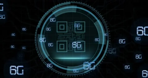 Animation of cyber security and qr code in circle over 6g on black background Stock Footage 200800906