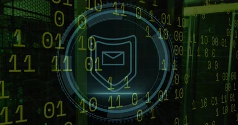 Animation of cyber security and shield with email in circle over binary code on 库存影片 200800933
