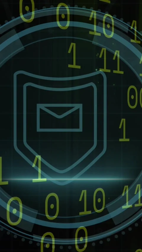 Animation of cyber security and shield with email in circle over binary code on Stock Footage 342801749