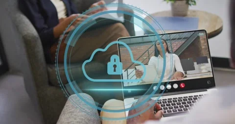 Animation of cyber security, cloud, padlock in circles, diverse coworkers Stock Footage 327126409