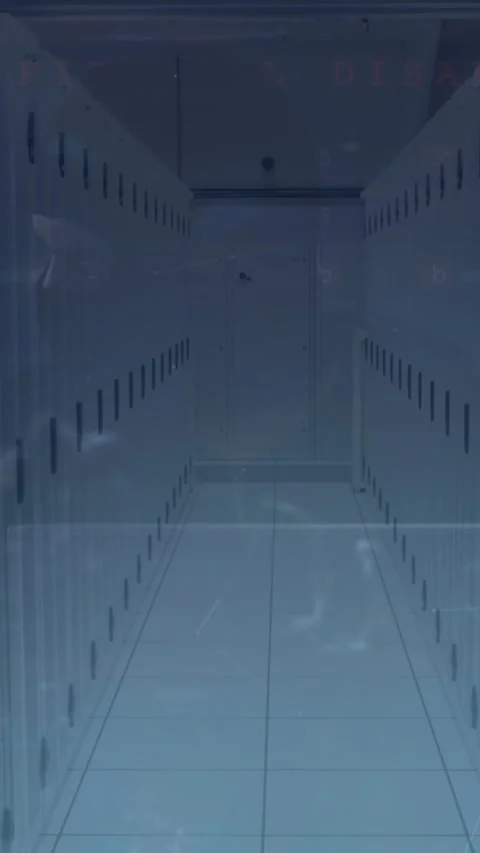 Animation of cyber security data processing over empty computer server room Stock Footage 322559925