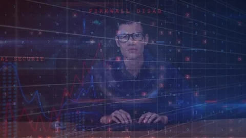 Animation of cyber security data processing over caucasian male hacker using Stock Footage 327643162