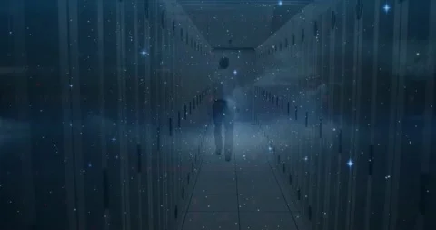 Animation of cyber security data processing and stars over male engineer walking Stock Footage 328412645