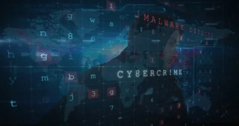 Animation of cyber security data processing against caucasian male hacker using Stock Footage 328520481