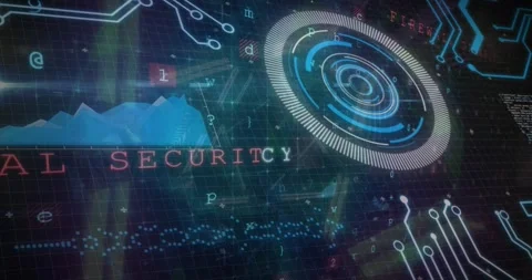 Animation of cyber security data processing, and round scanner over neon tunnel Stock Footage 328642036