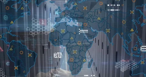 Animation of cyber security data processing over world map against computer Stock Footage 330342172
