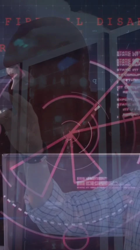 Animation of cyber security data processing over male hacker and caucasian man Stock Footage 343129150