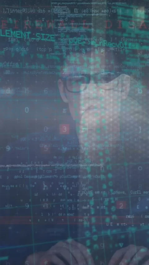 Animation of cyber security data processing over portrait of male hacker using Stock Footage 343615102