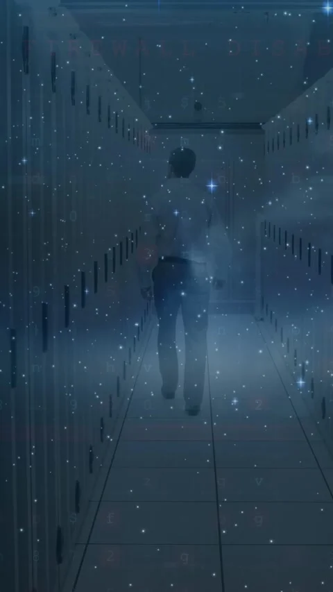Animation of cyber security data processing and stars over male engineer walking Stock Footage 343887678