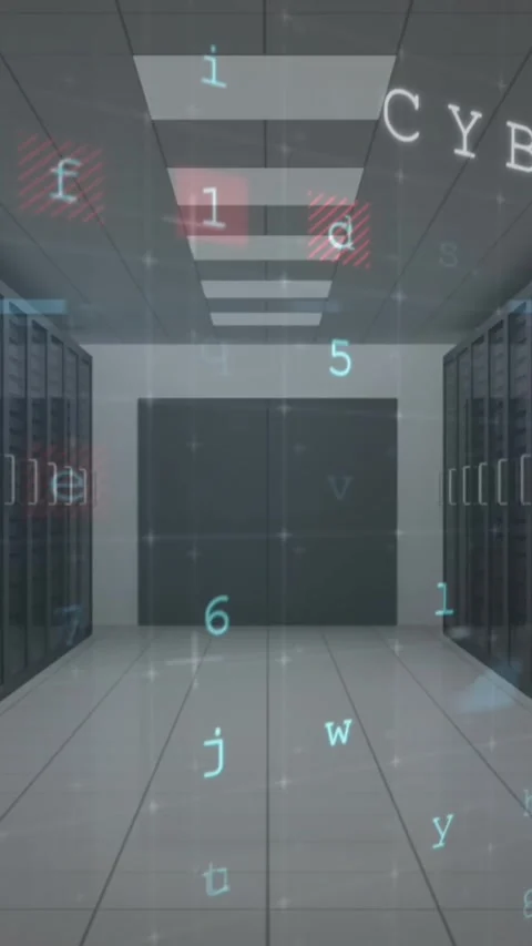 Animation of cyber security data processing against computer server room Stock Footage 344679784