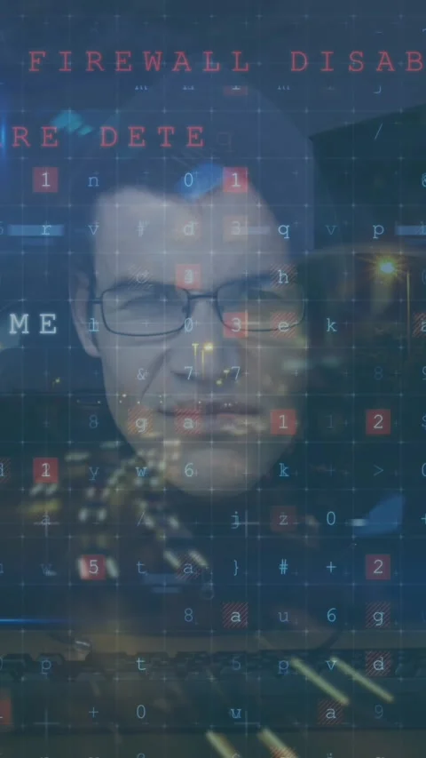 Animation of cyber security over caucasian hacker and night cityscape Stock Footage 343083923