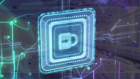 Animation of cyber security padlock and data processing over computer servers Stock Footage 313120461