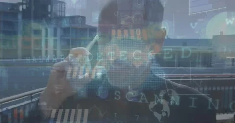 Animation of cyber security processing over caucasian senior businessman talking Stock Footage 330179054