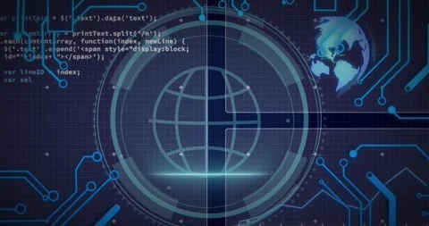 Animation of cyber security text and globe in loading circles, computer language Stock Footage 247919807