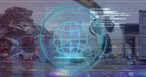 Animation of cyber security text and globe icon over hydraulic lifting machine Stock Footage 326192283