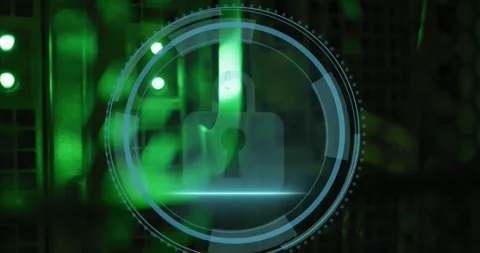 Animation of cyber security text and security padlock icon on round scanner 스톡 동영상 329032162