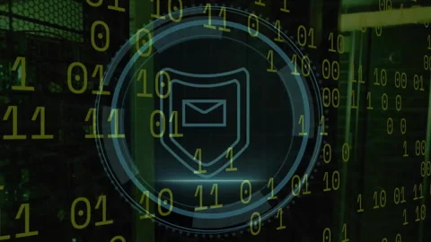 Animation of cyber security text, binary data and mail security scan icon on Stock Footage 260971256