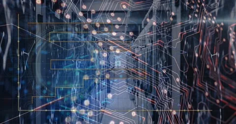 Animation of cyber security text in circle, circuit board pattern, geometric Stock Footage 328466343