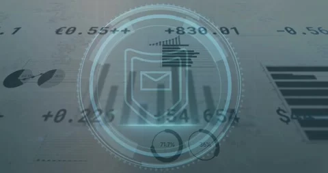 Animation of cyber security text, envelope, shield in loading circles over Stock Footage 327062314