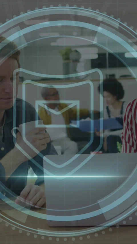 Animation of cyber security text, envelope icon, caucasian coworker discussing Stock Footage 343920534