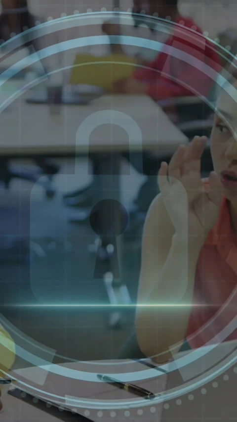 Animation of cyber security text, lock icon, diverse female coworkers planning Stock Footage 344012065