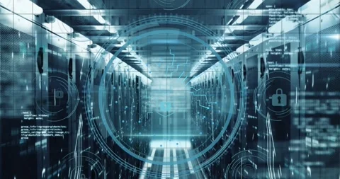 Animation of cyber security text, padlock in circle with icons over computer Video stock 247124094