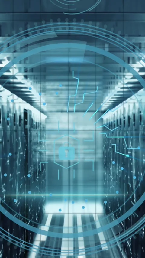 Animation of cyber security text, padlock in circle with icons over computer Stock Footage 319222966