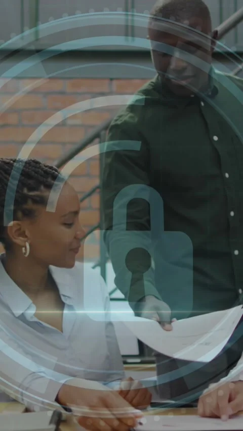 Animation of cyber security text, security padlock icon over diverse colleagues Stock Footage 343955801