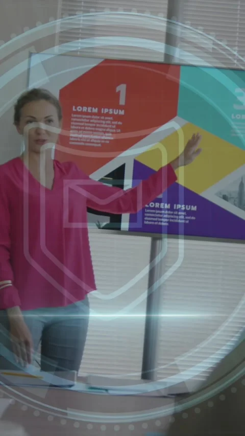 Animation of cyber security text, sheild icon over caucasian woman giving a Stock Footage 343955810