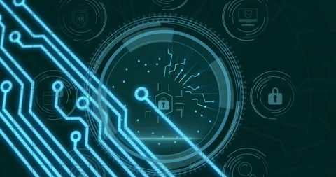 Animation of cyber security text, shield, icon in circles, padlock in hexagon, Stock Footage 326764113