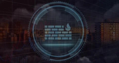 Animation of cyber security text in shield and brick wall with fire icons over Stock Footage 328588776