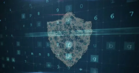 Animation of cyberattack warning over shield icon on black background Video stock 219009796