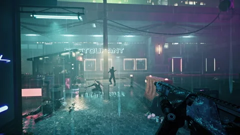 Animation of the cyberpunk virtual world in the action computer video game Stock Footage 289248324