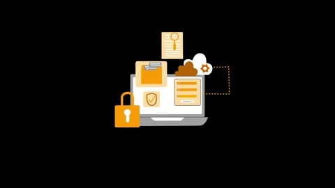Animation of cybersecurity elements on a laptop screen, including a lock, c.. Stock Footage 315187965