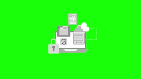 Animation of cybersecurity elements on a laptop screen, including a lock, c.. Stock Footage 315188087