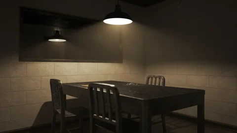 Animation of dark, empty police interrogation room. Stockbeeldmateriaal 89584080