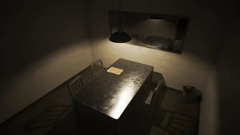 Animation of dark, empty police interrogation room. Stock Footage