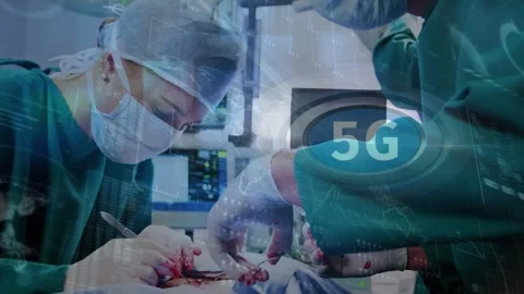 Animation of data and 5g over caucasian female and male surgeons Stock Footage 329510722