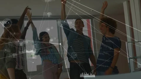 Animation of data and connections over happy diverse students clapping hands Stock Footage 327784853