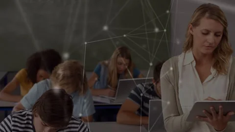 Animation of data and connections over diverse teacher and pupils at school Stock Footage 330254213