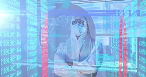Animation of data and globe over caucasian male scientist in protective clothes Stock Footage 327710904