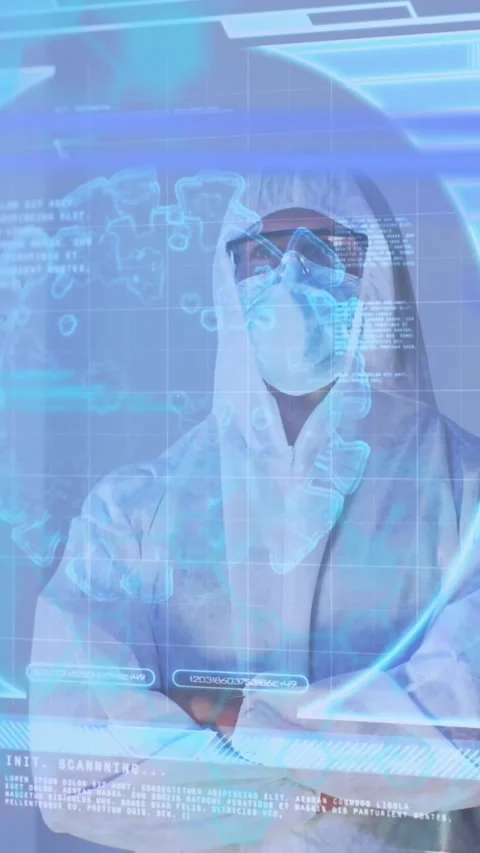 Animation of data and globe over caucasian male scientist in protective clothes Stock Footage 344765717