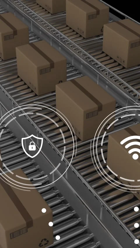 Animation of data and icons over cardboard boxes on conveyor belts Stock Footage 343545573