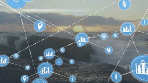 Animation of data and location icons over ocean waves at sunset 库存影片 304643893