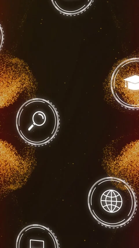Animation of data and media icons processing over orange network waves on black Stock Footage 320513419