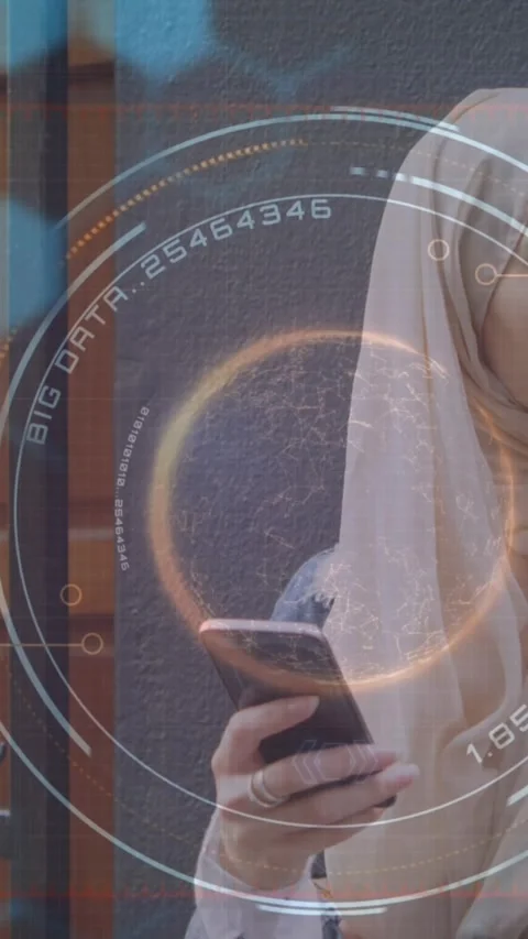 Animation of data and processing circle over middle easters woman using Stock Footage 320228918