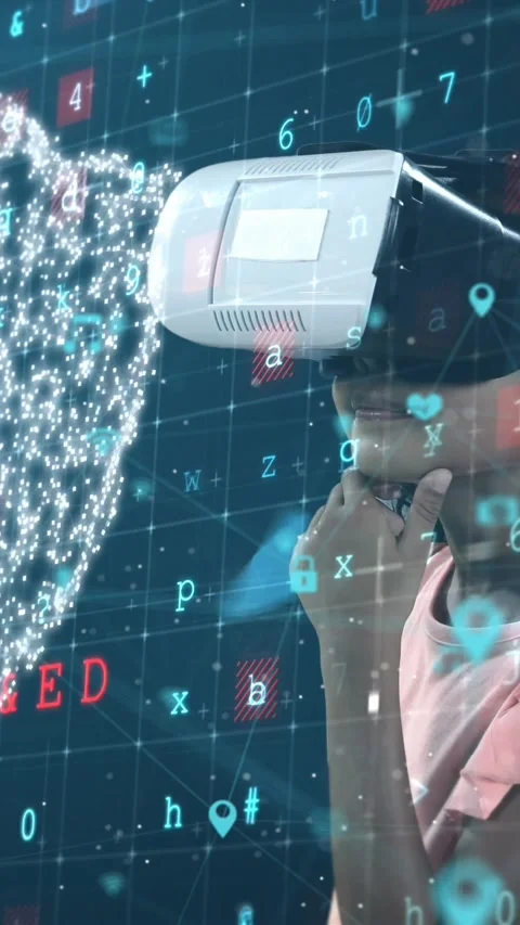 Animation of data and security icons over schoolgirl using vr headset Stock Footage 342009351